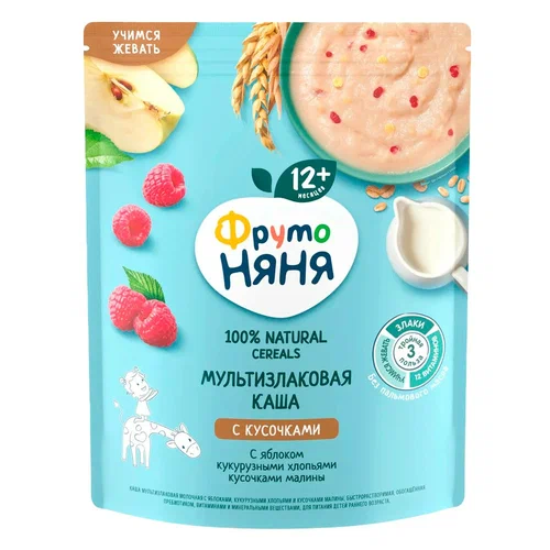 Каша молочная ФрутоНяня мультизлаковая яблоко-кусочки хлопьев-малина 200г с 12месяцев Каша молочная ФрутоНяня мультизлаковая яблоко-кусочки хлопьев-малина 200г с 12месяцев