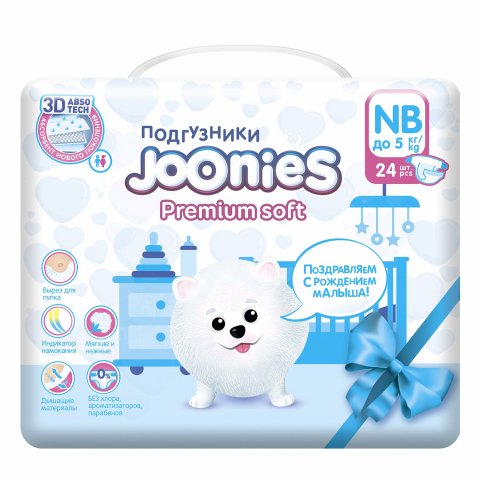 Joonies Premium Soft подгузники NB 0-5кг 24шт Joonies Premium Soft подгузники NB 0-5кг 24шт