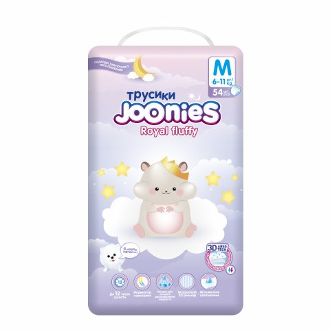 JOONIES Royal Fluffy Подгузники-трусики, размер М (6-11 кг), 54 шт JOONIES Royal Fluffy Подгузники-трусики, размер М (6-11 кг), 54 шт