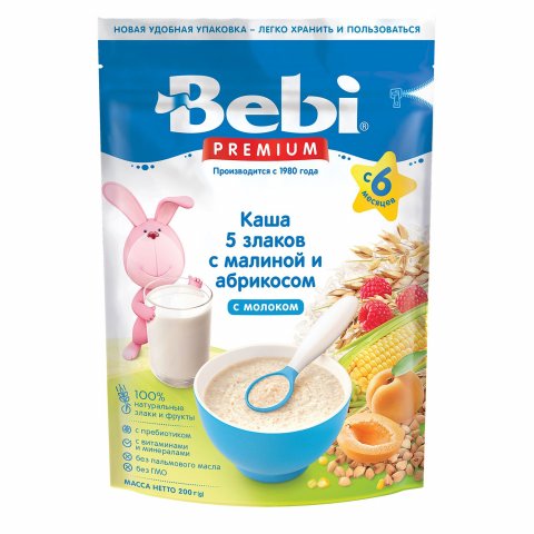 Каша Bebi Premium молочная 5 злаков с абрикосом и малиной 200г с 6 месяцев Каша Bebi Premium молочная 5 злаков с абрикосом и малиной 200г с 6 месяцев