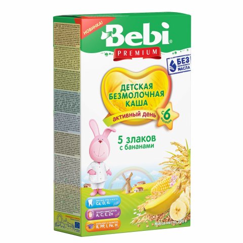 Каша безмолочная Bebi Premium 5злаков с бананами 200г с 6месяцев Каша безмолочная Bebi Premium 5злаков с бананами 200г с 6месяцев