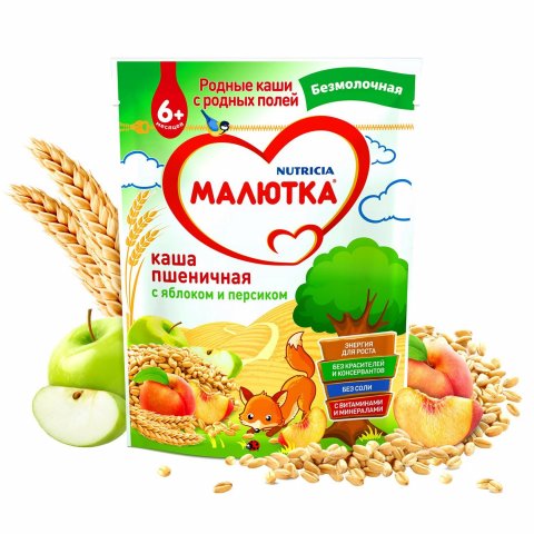 Каша безмолочная Малютка пшеничная-яблоко-персик 200г с 6месяцев Каша безмолочная Малютка пшеничная-яблоко-персик 200г с 6месяцев