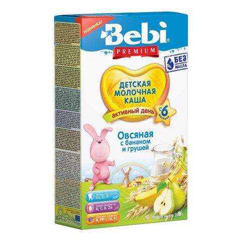 Каша молочная Bebi Premium овсяная с бананом и грушей 200г с 6месяцев Каша молочная Bebi Premium овсяная с бананом и грушей 200г с 6месяцев
