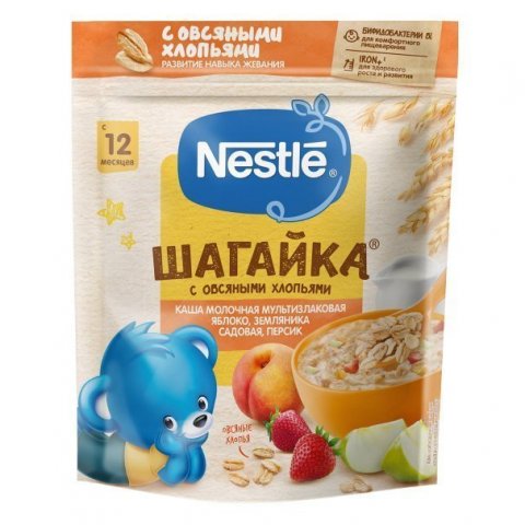 Каша молочная Nestle Шагайка 5 злаков яблоко-земляника-персик 200г с 12месяцев Каша молочная Nestle Шагайка 5 злаков яблоко-земляника-персик 200г с 12месяцев