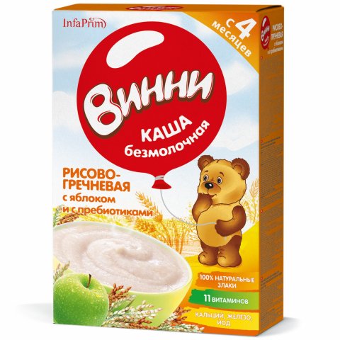 Каша Винни безмолочная рисово-гречневая с яблоком и пребиотиками 200г 4месяцев Каша Винни безмолочная рисово-гречневая с яблоком и пребиотиками 200г 4месяцев