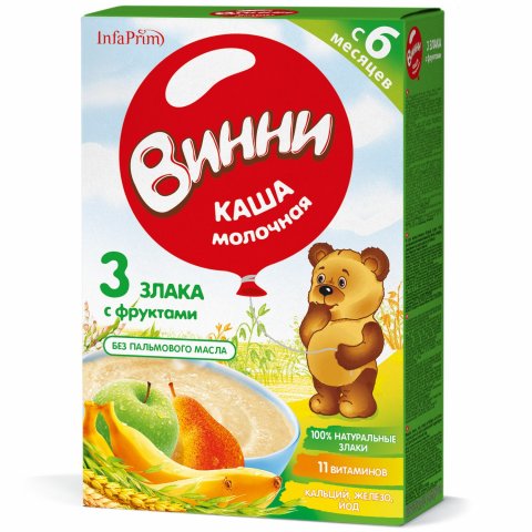 Каша Винни молочная 3 злака с фруктами 200г с 6месяцев Каша Винни молочная 3 злака с фруктами 200г с 6месяцев