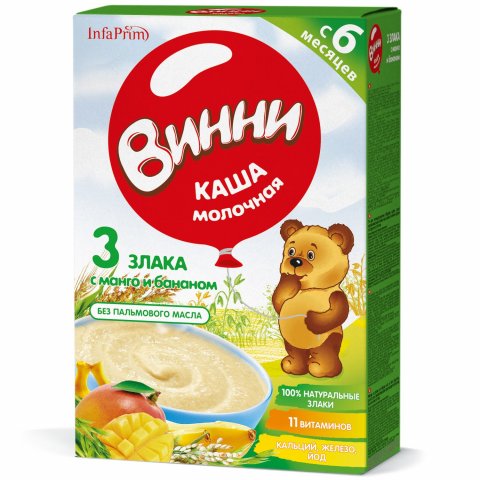 Каша Винни молочная 3 злака с манго и бананом 200 г с 6месяцев Каша Винни молочная 3 злака с манго и бананом 200 г с 6месяцев