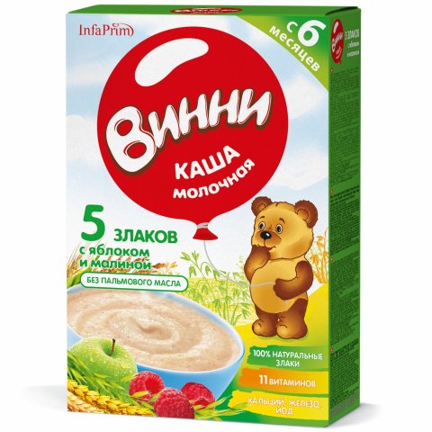 Каша Винни молочная 5 злаков яблоко-малина 200г 6месяцев Каша Винни молочная 5 злаков яблоко-малина 200г 6месяцев