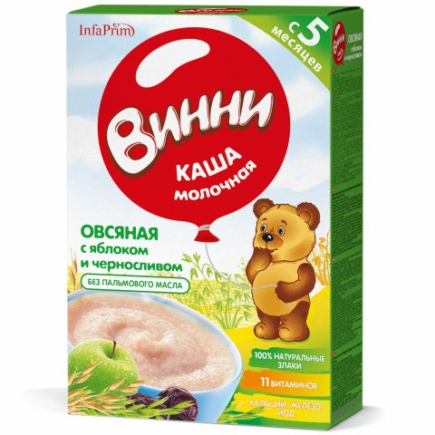 Каша Винни молочная овсяная с яблоком и черносливом 200г с 5месяцев Каша Винни молочная овсяная с яблоком и черносливом 200г с 5месяцев