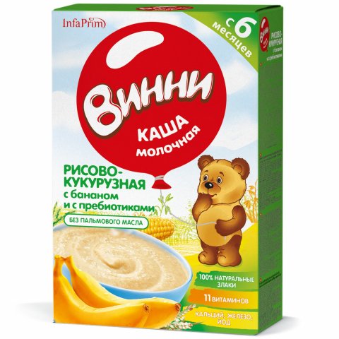 Каша Винни молочная рисово-кукурузная с бананом 200г с 6месяцев Каша Винни молочная рисово-кукурузная с бананом 200г с 6месяцев