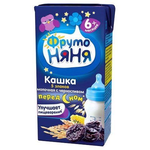 Кашка ФрутоНяня молочная из 5 злаков с черносливом 0,2 л с 6 месяцев Кашка ФрутоНяня молочная из 5 злаков с черносливом 0,2 л с 6 месяцев