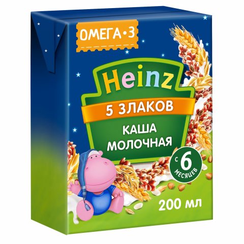 Кашка молочная Heinz 5 злаков с Омега-3 0.2л с 6месяцев Кашка молочная Heinz 5 злаков с Омега-3 0.2л с 6месяцев