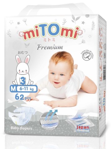 miTOmi / Подгузники на липучках miTOmi Premium (миТОми Премиум), размер 3/М (6-11 кг), 62 шт. miTOmi / Подгузники на липучках miTOmi Premium (миТОми Премиум), размер 3/М (6-11 кг), 62 шт.