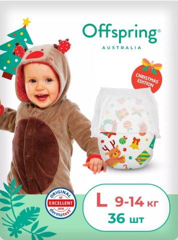 Offspring Трусики-подгузники, L 9-14 кг 36 шт , Новый год Offspring Трусики-подгузники, L 9-14 кг 36 шт , Новый год