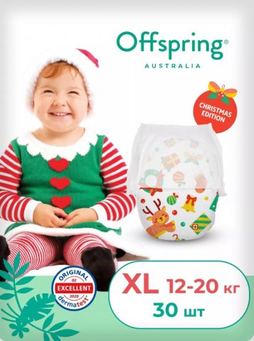 Offspring Трусики-подгузники, XL 12-20 кг 30 шт , Новый год Offspring Трусики-подгузники, XL 12-20 кг 30 шт , Новый год