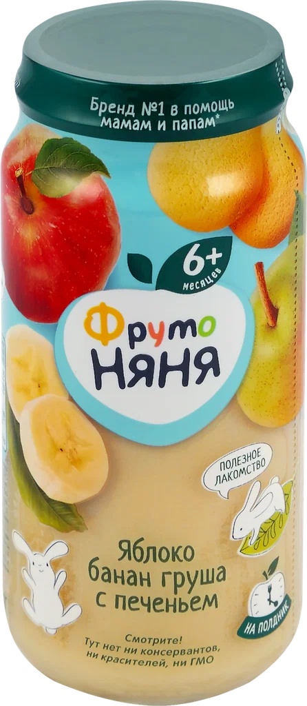 Пюре ФрутоНяня из яблок с бананом, грушей и печеньем 250 г с 6 месяцев Пюре ФрутоНяня из яблок с бананом, грушей и печеньем 250 г с 6 месяцев