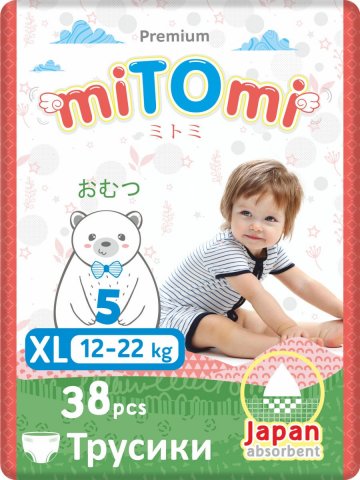 Подгузники-трусики miTOmi Premium, размер ХL (12-22 кг), 38 шт Подгузники-трусики miTOmi Premium, размер ХL (12-22 кг), 38 шт
