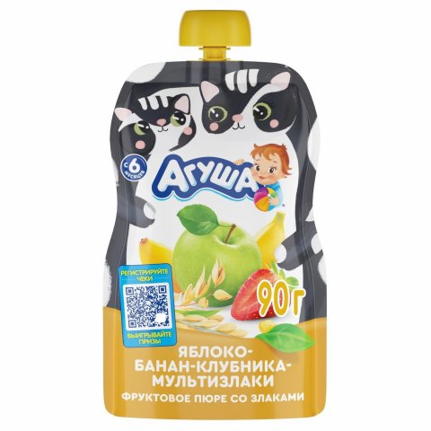 Пюре Агуша яблоко-банан-клубника-злаки 90г с 6 месяцев Пюре Агуша яблоко-банан-клубника-злаки 90г с 6 месяцев