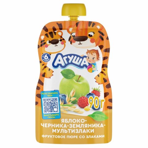 Пюре Агуша яблоко-черника-земляника-злаки 90г с 6 месяцев Пюре Агуша яблоко-черника-земляника-злаки 90г с 6 месяцев