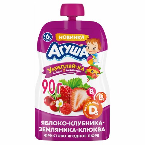 Пюре Агуша яблоко-клубника-земляника-клюква пауч 90г с 6месяцев Пюре Агуша яблоко-клубника-земляника-клюква пауч 90г с 6месяцев