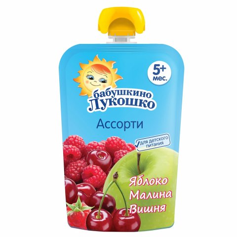 Пюре Бабушкино лукошко из яблок малины и вишни 90г с 5 месяцев Пюре Бабушкино лукошко из яблок малины и вишни 90г с 5 месяцев