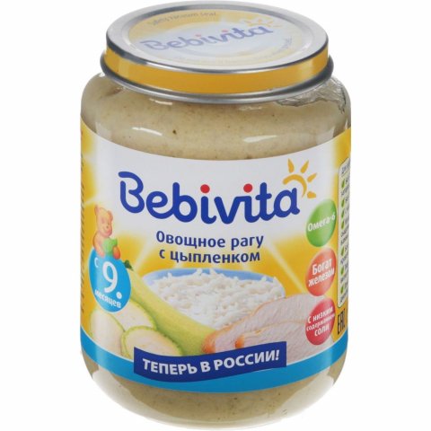 Пюре Bebivita овощное рагу с цыпленком, 190 гр с 9 месяцев Пюре Bebivita овощное рагу с цыпленком, 190 гр с 9 месяцев