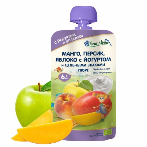 Пюре Fleur Alpine Органик манго-персик-яблоко-йогурт пауч 120г с 6 месяцев Пюре Fleur Alpine Органик манго-персик-яблоко-йогурт пауч 120г с 6 месяцев