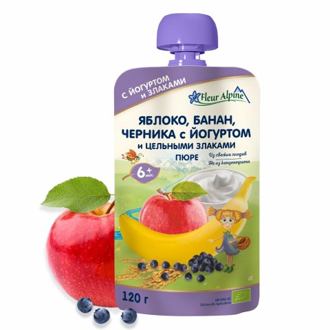 Пюре Fleur Alpine Органик яблоко-банан-черника-йогурт пауч 120г с 6 месяцев Пюре Fleur Alpine Органик яблоко-банан-черника-йогурт пауч 120г с 6 месяцев