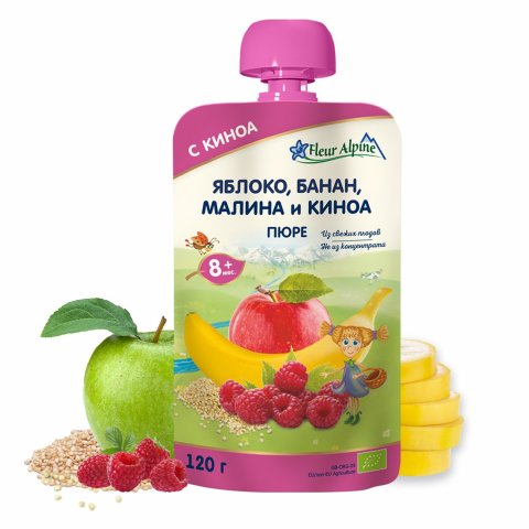 Пюре Fleur Alpine яблоко-банан-малина-киноа 120г с 8 месяцев Пюре Fleur Alpine яблоко-банан-малина-киноа 120г с 8 месяцев