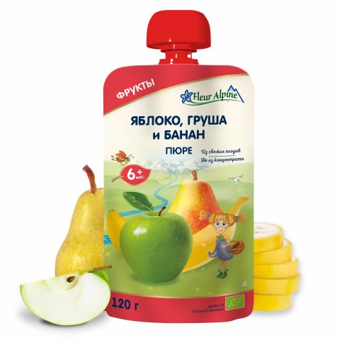 Пюре Fleur Alpine яблоко-груша-банан пауч 120г с 6 месяцев Пюре Fleur Alpine яблоко-груша-банан пауч 120г с 6 месяцев