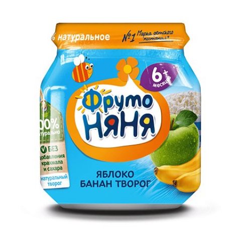 Пюре ФрутоНяня из яблок и бананов с творогом 100 г с 6 месяцев Пюре ФрутоНяня из яблок и бананов с творогом 100 г с 6 месяцев
