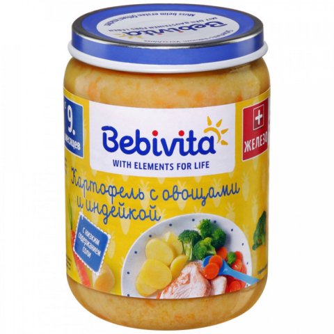 Пюре из картофеля с овощами и индейкой с 9 месяцев Bebivita, 190гр Пюре из картофеля с овощами и индейкой с 9 месяцев Bebivita, 190гр