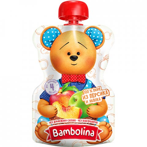 Пюре из сочного персика и яблочка Bambolina с 4 месяцев 100 гр Пюре из сочного персика и яблочка Bambolina с 4 месяцев 100 гр