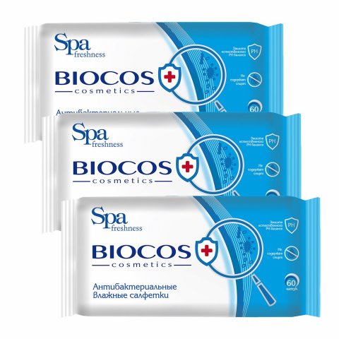 Салфетки влажные Biocos антибактериальные очищающие Spa freshness 3*60шт Салфетки влажные Biocos антибактериальные очищающие Spa freshness 3*60шт