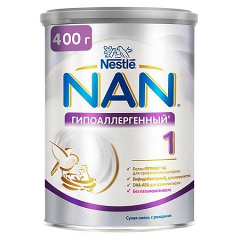 Смесь NAN 1 сухая молочная гипоаллергенная 400г с 0месяцев Смесь NAN 1 сухая молочная гипоаллергенная 400г с 0месяцев