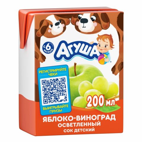 Сок Агуша яблоко-виноград осветленный 0.2л с 6 месяцев Сок Агуша яблоко-виноград осветленный 0.2л с 6 месяцев
