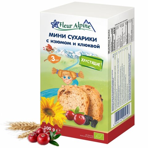 Сухарики Fleur Alpine Органик мини изюм-клюква 100г с 3 лет Сухарики Fleur Alpine Органик мини изюм-клюква 100г с 3 лет