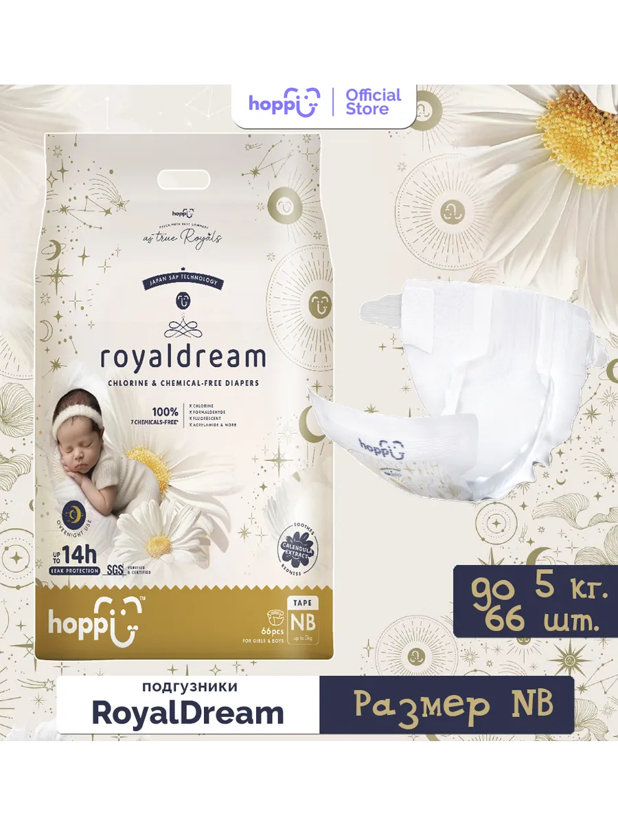 Подгузники для новорожденных RoyalDream, размер NB до 5кг 66 штук. Подгузники для новорожденных RoyalDream, размер NB до 5кг 66 штук.